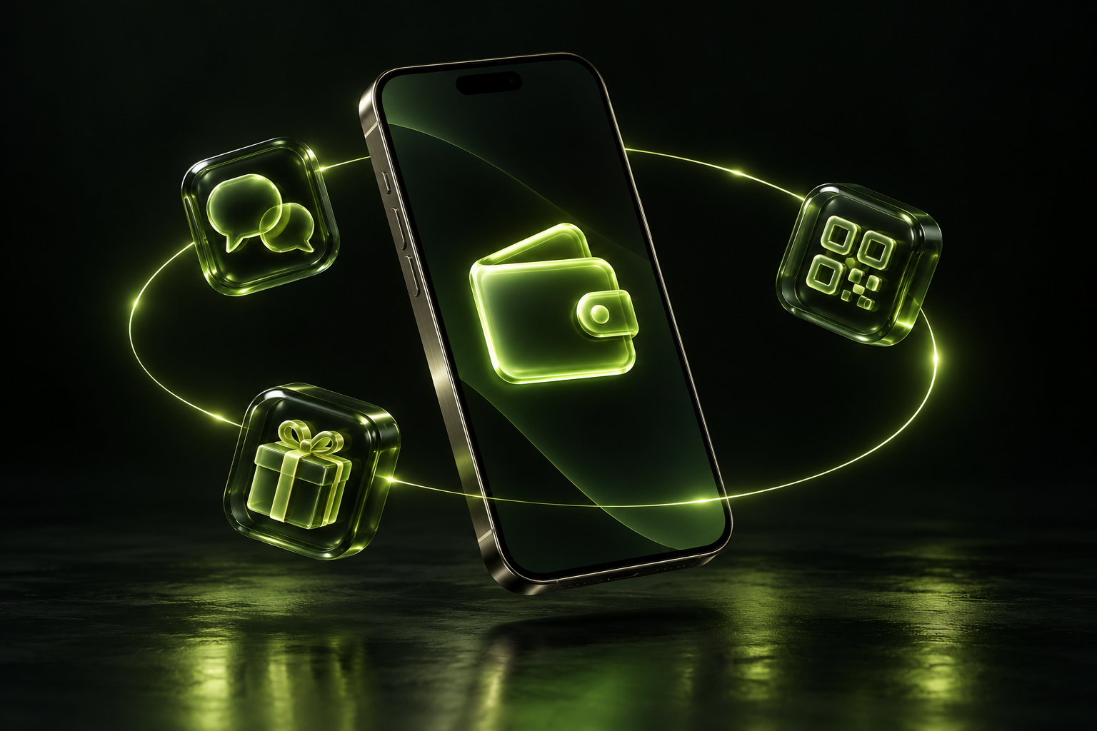 Futuristic mobile wallet surrounded by illuminated chat, QR and rewards symbols