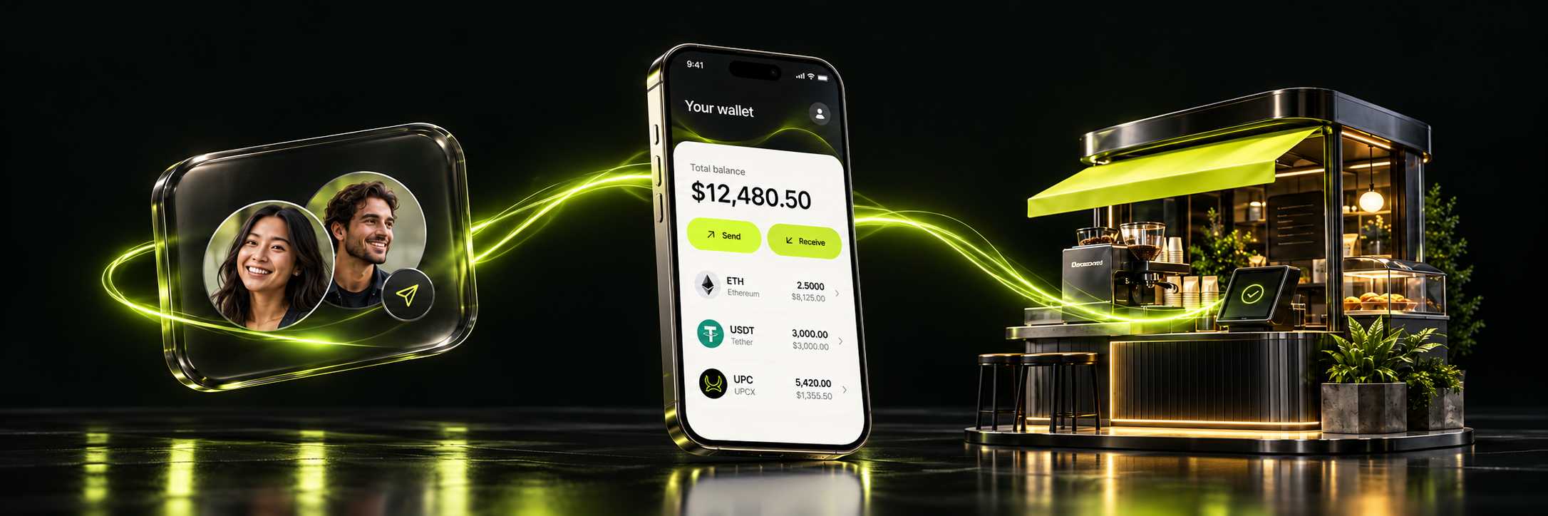 Premium titanium UPCX wallet phone, friends and a coffee shop connected by lime payment ribbons